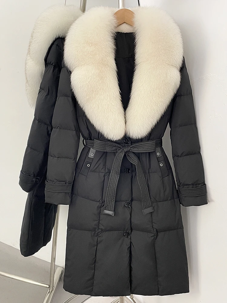 2025 New Winter Female Real Fox Fur Long Clothes Women Luxury Fashion Puffer Jacket Belt Thickened Warm Natural Fur Duck Down