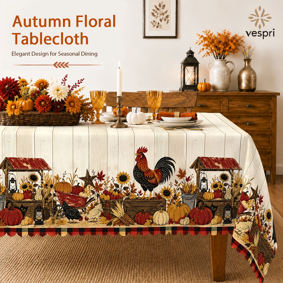 Farmhouse Tablecloth with Roosters, Milk Cans & Sunflowers for Indoor/Outdoor Camping decor, Rectangular/Round/Oval