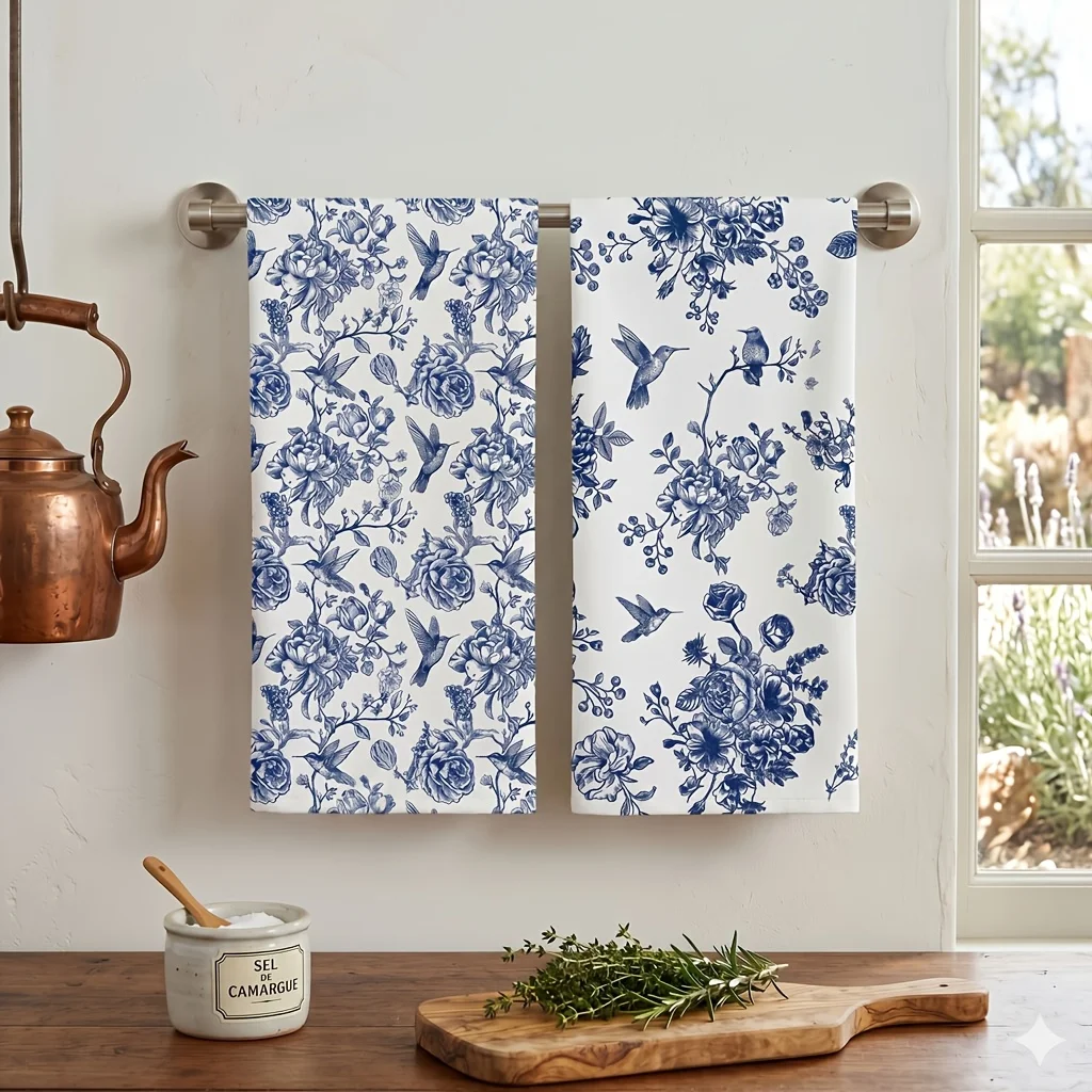 2 packs of microfiber kitchen towels, hummingbird flower blue and white porcelain dish towels