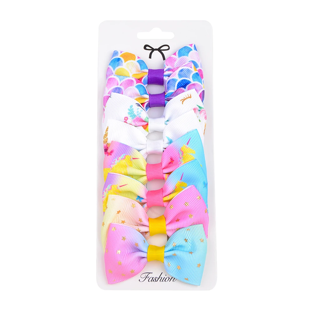 8Pcs/Set Fashion Print Grosgrain Ribbon Hair Bows Clips Smal