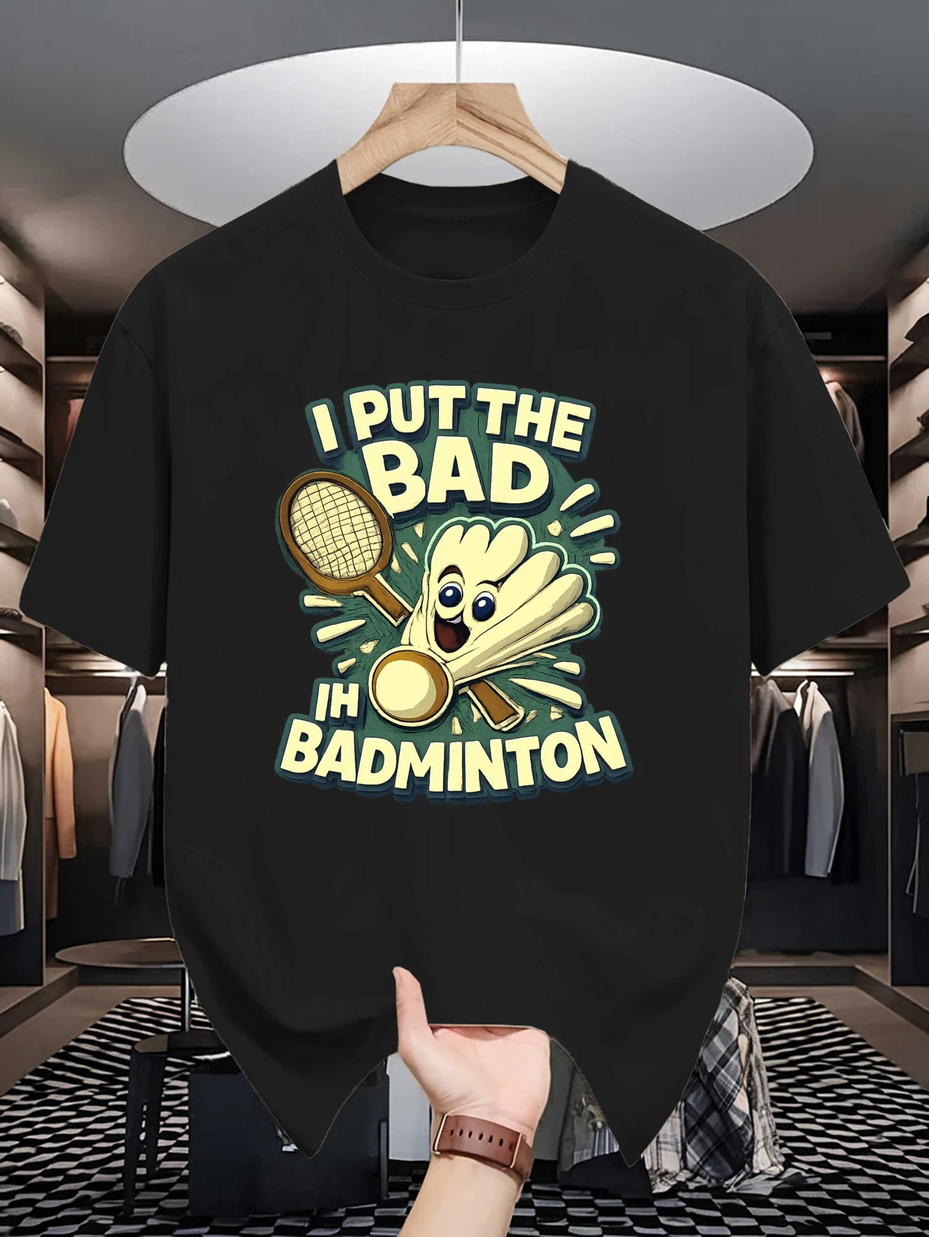 Mens I Put The Bad In Badminton Funny Graphic Tee Shuttlecock Racket Print O Neck Short Sleeve Cotton Tops For Sport Lover Men