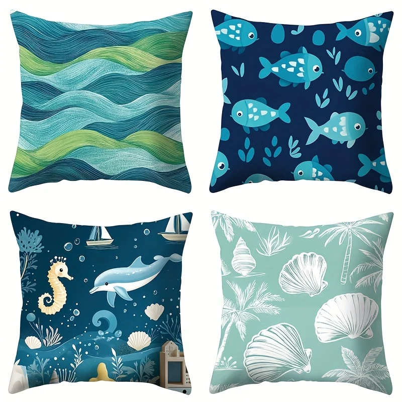 

4pcs Marine animal patterns Single-sided printing Short plush Suitable for living rooms bedrooms sofas (excluding pillow cores)