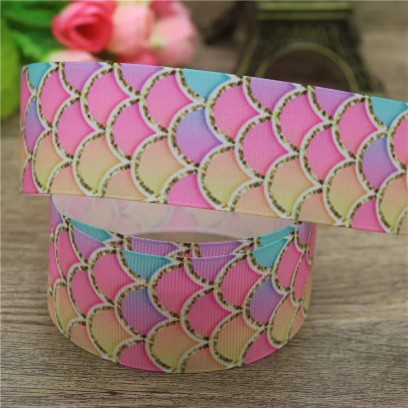 DHK 1.5\'\' 5yards Mermaid Fish Scale Printed Grosgrain Ribbon Accessory Hairbow Headwear Decoration DIY Wholesale 38mm C1581