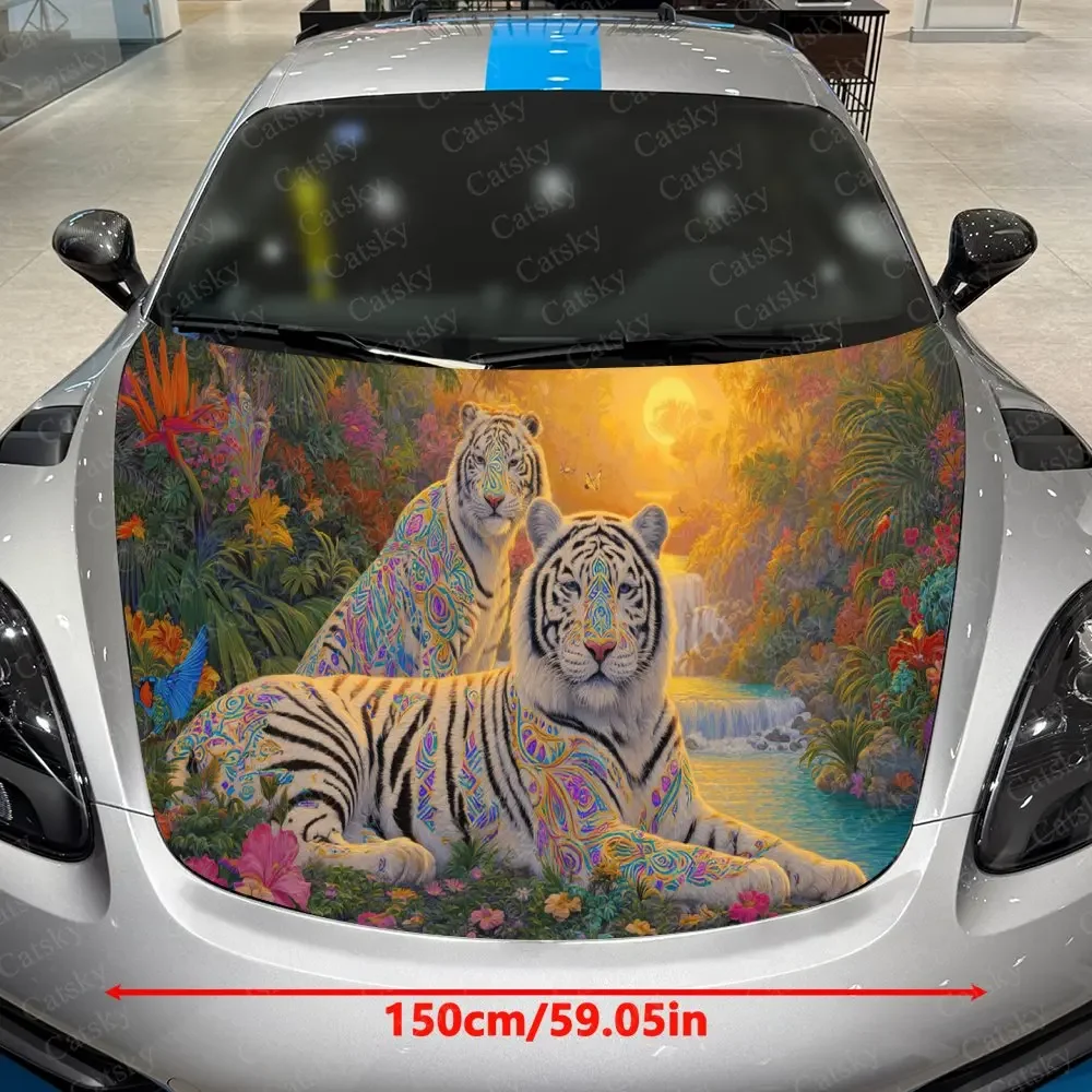Forest Colorful Pattern White Tiger Car Vinyl Wrap, PVC Waterproof Car Hood Sticker, Self-Adhesive Scratch-Resistant Stickers