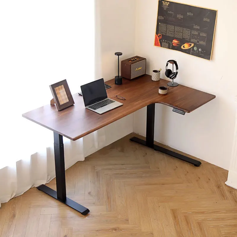 

Corner desk Electric solid wood lifting type Corner light luxury computer Small apartment office black walnut