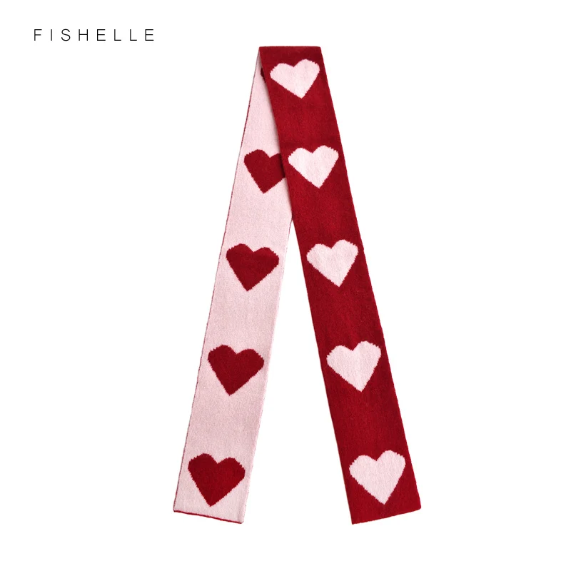 Sweet lovely pink love shape red scarves double-sided wool narrow edition small scarf for girls gift