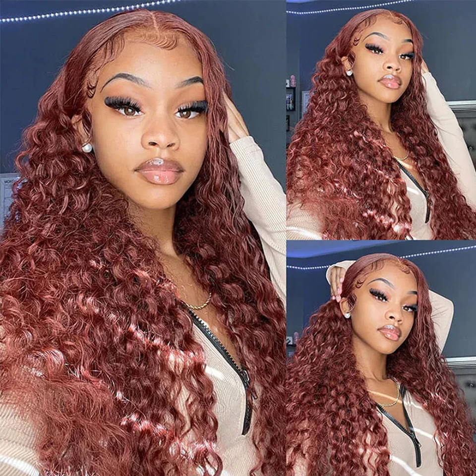 Reddish Brown Deep Wave Frontal Wig 13X6 HD Transparent Lace Frontal Wig Colored Deep Wave 13x4 Glueless Lace Front Human Hair