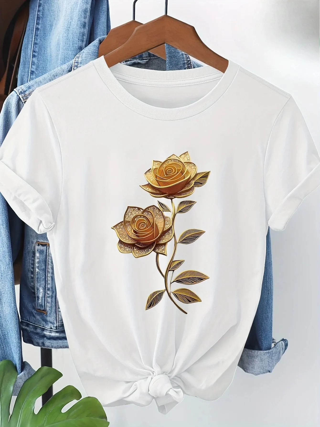 

Футболка с натуральной эстетикой и цветком, Золотая роза, мягкий повседневный топ, модная удобная футболка с круглым вырезом, элегантная ретро-футболка