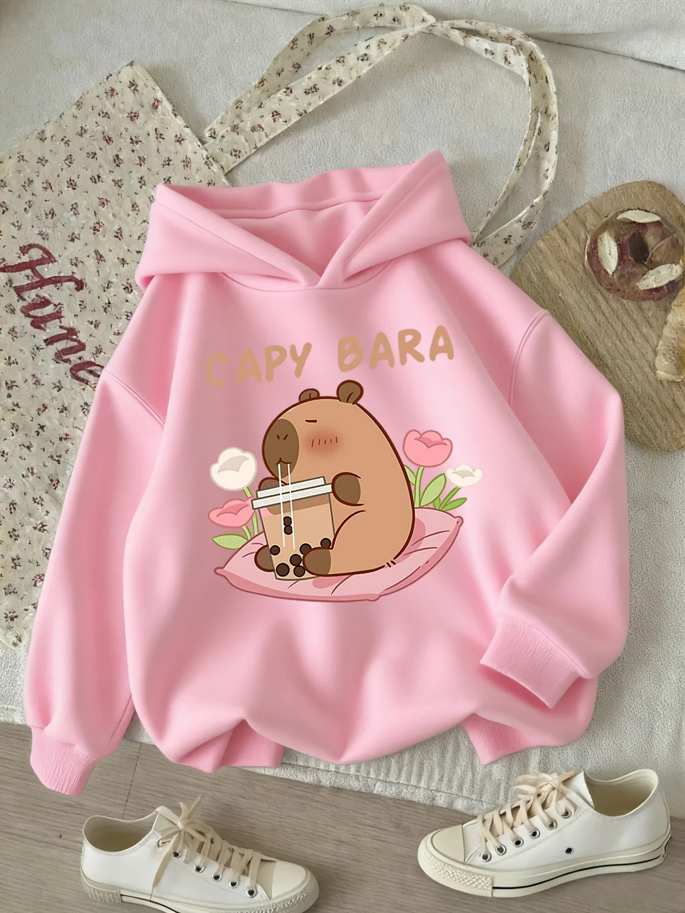 Kawaii Style Kids Hoodie Autumn Winter Fleece Warm Sweatshirt Capybara Drinking Bubble Tea Cartoon Print Hooded