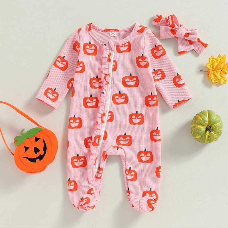 

Baby Girls Halloween Costume Set with Pumpkin Print Long Sleeves Zipper Footed Romper Headband and Toddler Cute