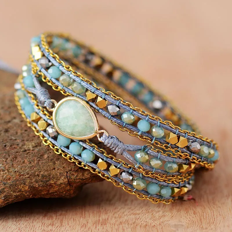 Custom Handmade Boho Amazonite Teardrop Crystal Multi Layer Wrap Bracelet Woven Beaded Leather Cord Jewelry For Women Daily Wear