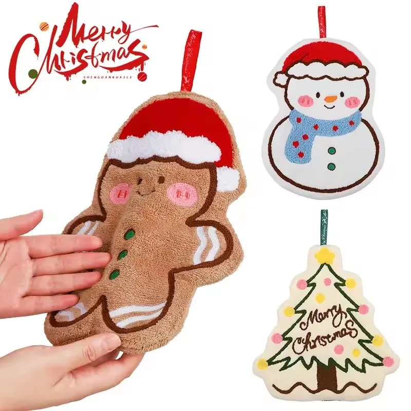 

Home Kitchen/Bathroom Christmas Decor Hand Towel: Cartoon Gingerbread Man/Snowman – Soft Coral Fleece & Perfect Xmas Gifts