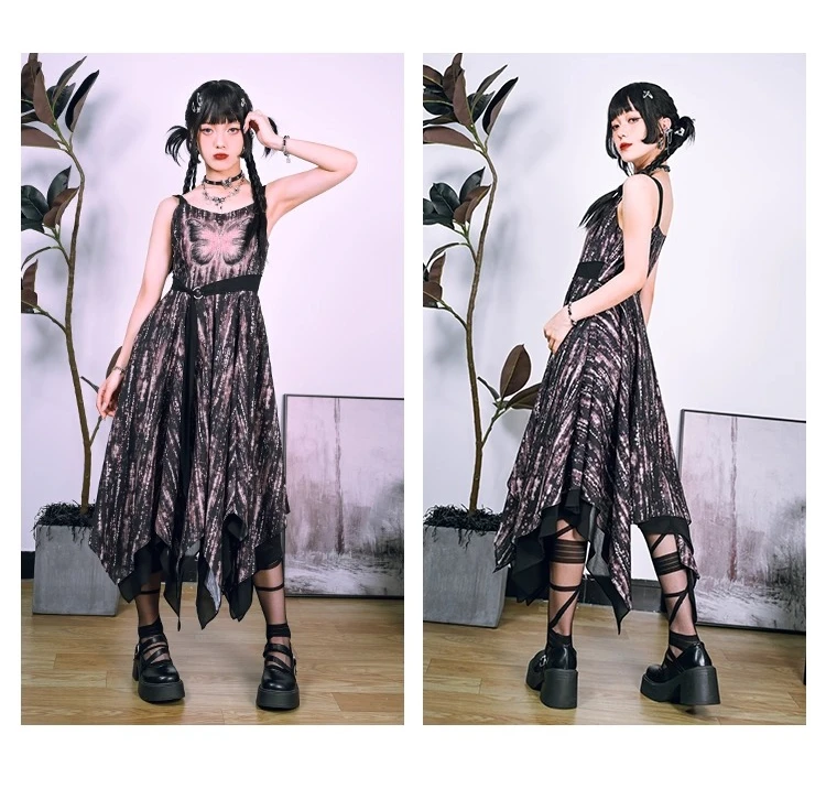 Doce legal dupla camada chiffon borboleta impressão irregular longo suspender vestido menina verão nova cintura alta a linha vestidos de lazer