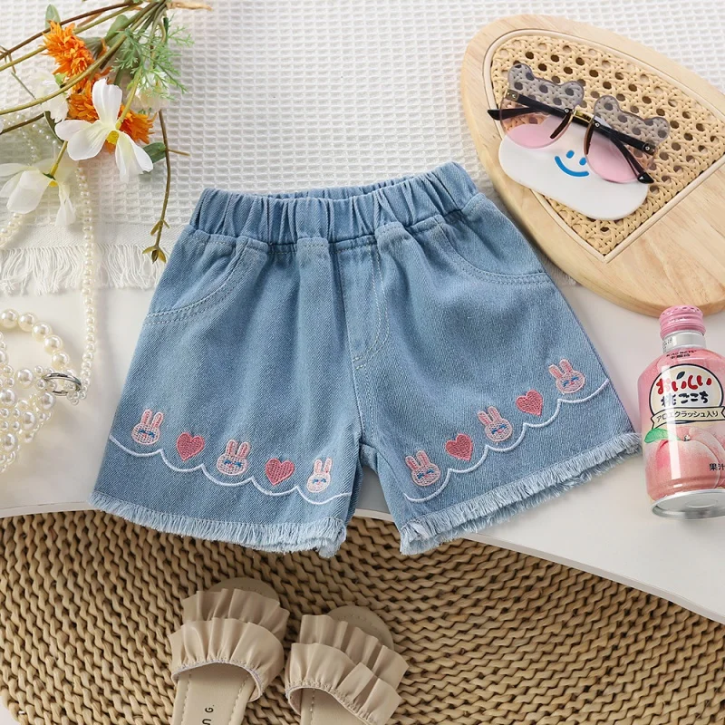 

Girls' Summer Cartoon Casual Shorts New Baby Girls' Embroidered Bunny Sports Denim Shorts-KXKM