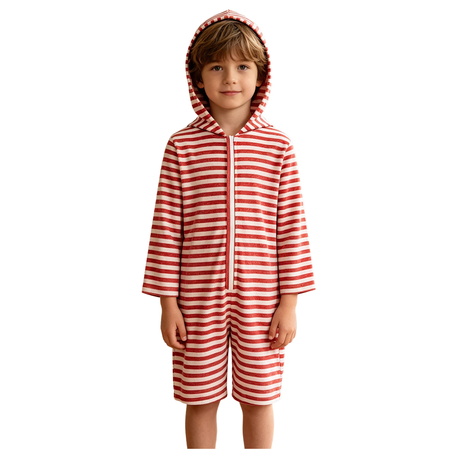 Children Boys Girls Special Needs Adaptive Hooded Rompers Long Sleeve Zipper Striped Casual Loose Jumpsuit Daily Wear Homewear