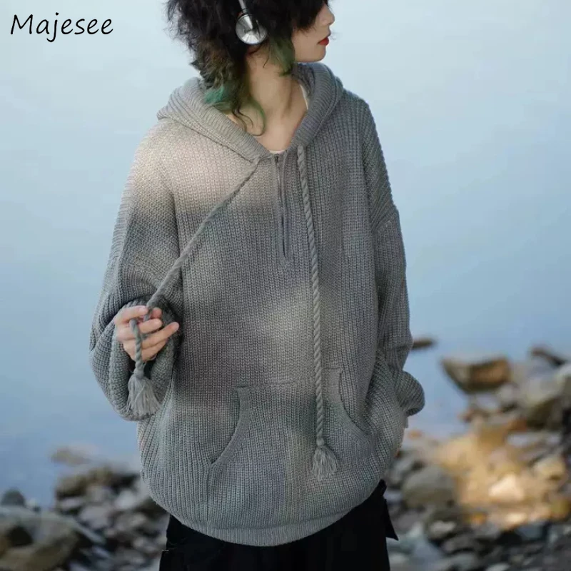 

Толстовки женские, простые, повседневные, универсальные, повседневные, вязаные, верхняя одежда, свободная посадка, модный дизайн с половиной молнии, с капюшоном, ленивый осенний шик