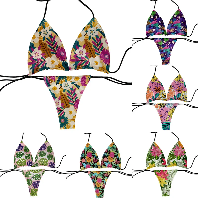 

Flowers Printing Bikini Sets Sexy Halter Biquini Bandage Swimwear 2023 Women Brazilian Swimsuit Two Piece Bathing Suit