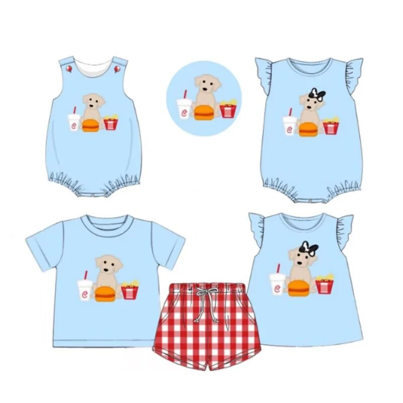 Hot wholesale sale Boys and girls clothes Dog burger drink print Short short sleeve onesie series baby clothes