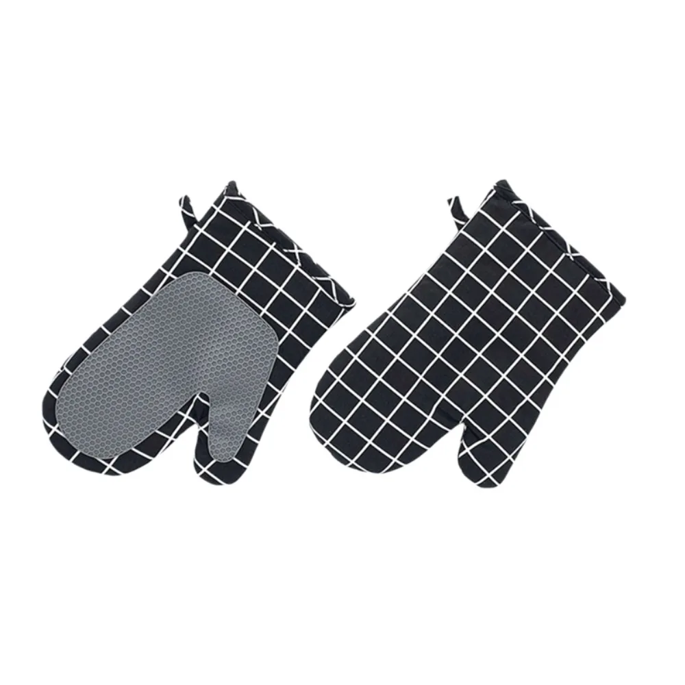 1 Pair Silicone Pad Design Kitchen Microwave Gloves Cotton Lining Heat-resistant Baking Mitts Thickened Anti Scalding