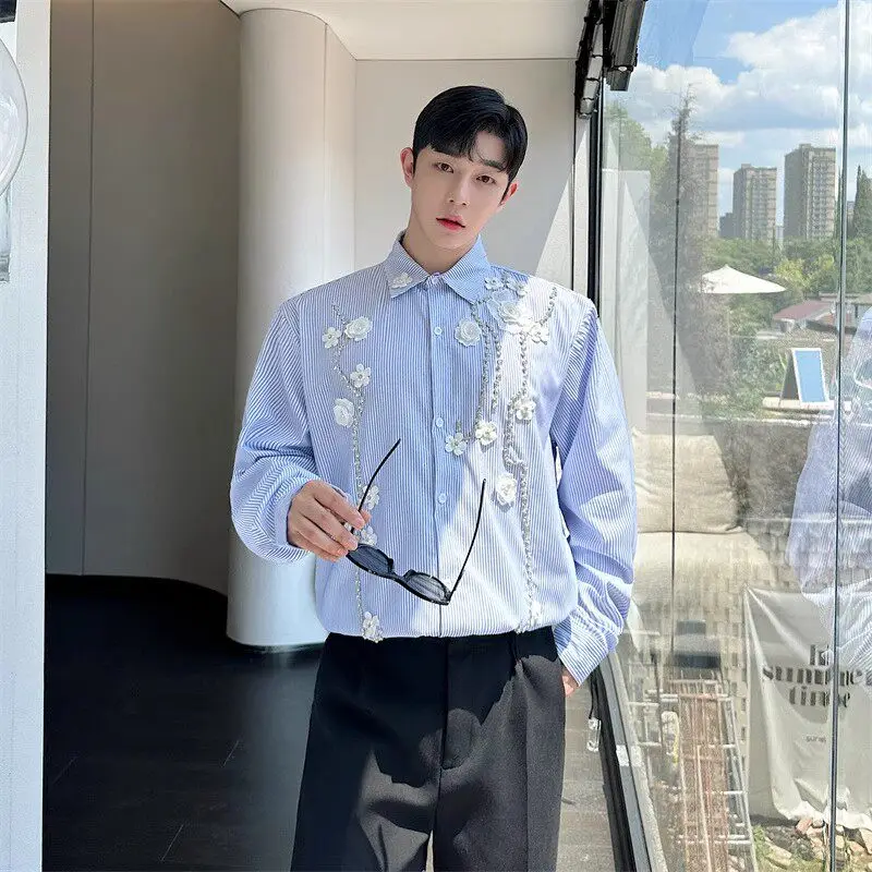 Spring Autumn New Korean Style Men's Flower Rhinestone Blue Striped Loose Casual Turn-Down Collar Long Sleeve Shirt