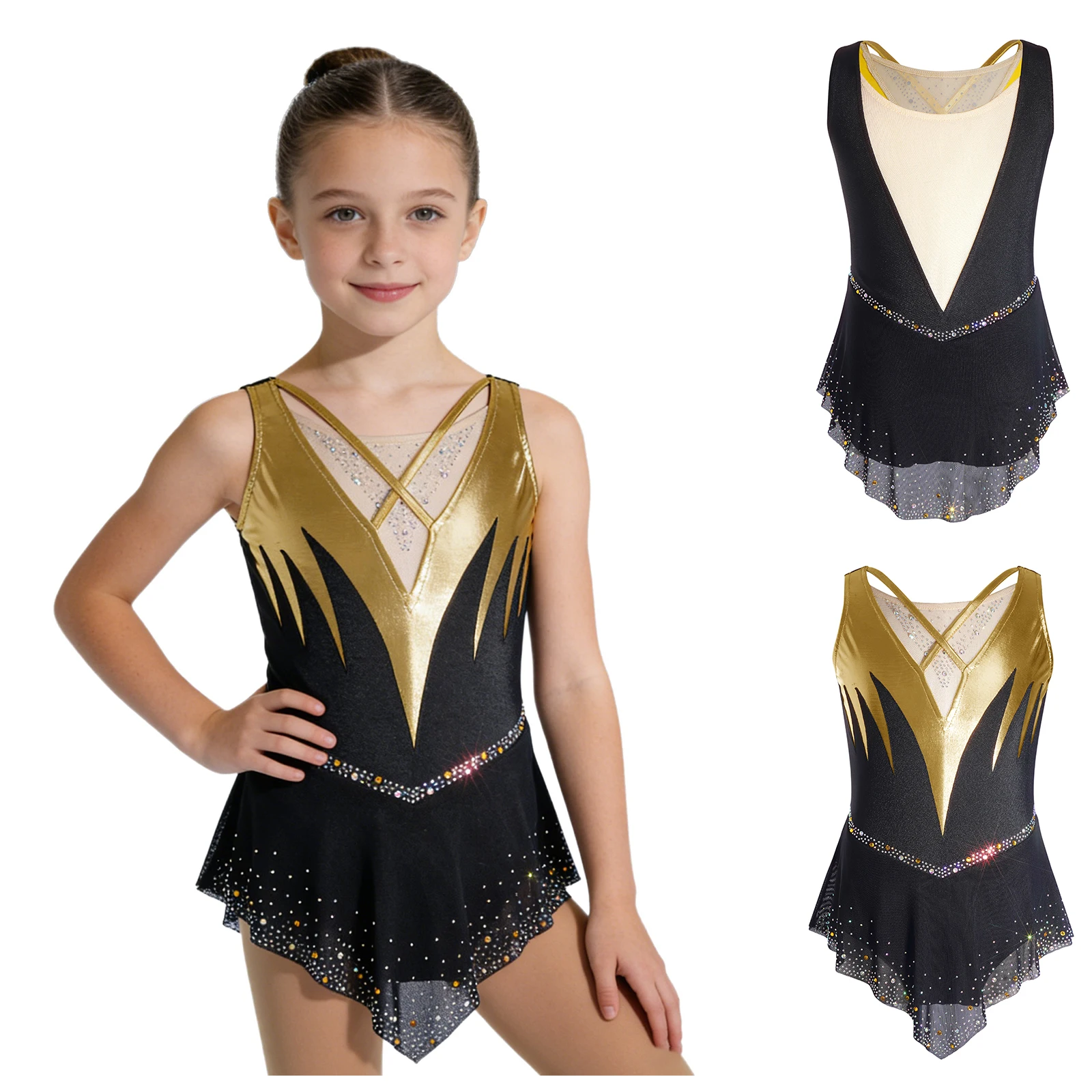 Kids Girls Figure Skating Dress Gymnastics Acrobatics Ballet Dance Leotard Dancewear Sleeveless Metallic Rhinestone Mesh Dresses
