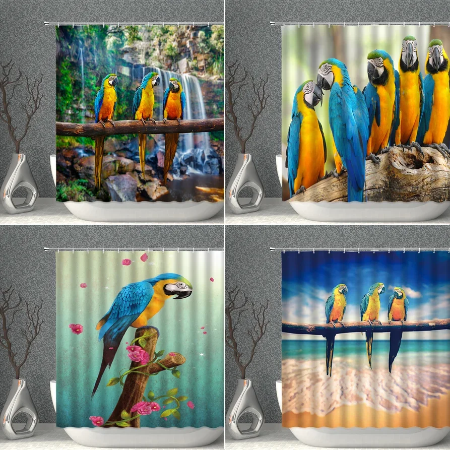 Parrots Shower Curtains Waterfall Plants Green Leaves Flowers Colorful Birds Bathroom Waterproof Fabric Bath Screens With Hooks