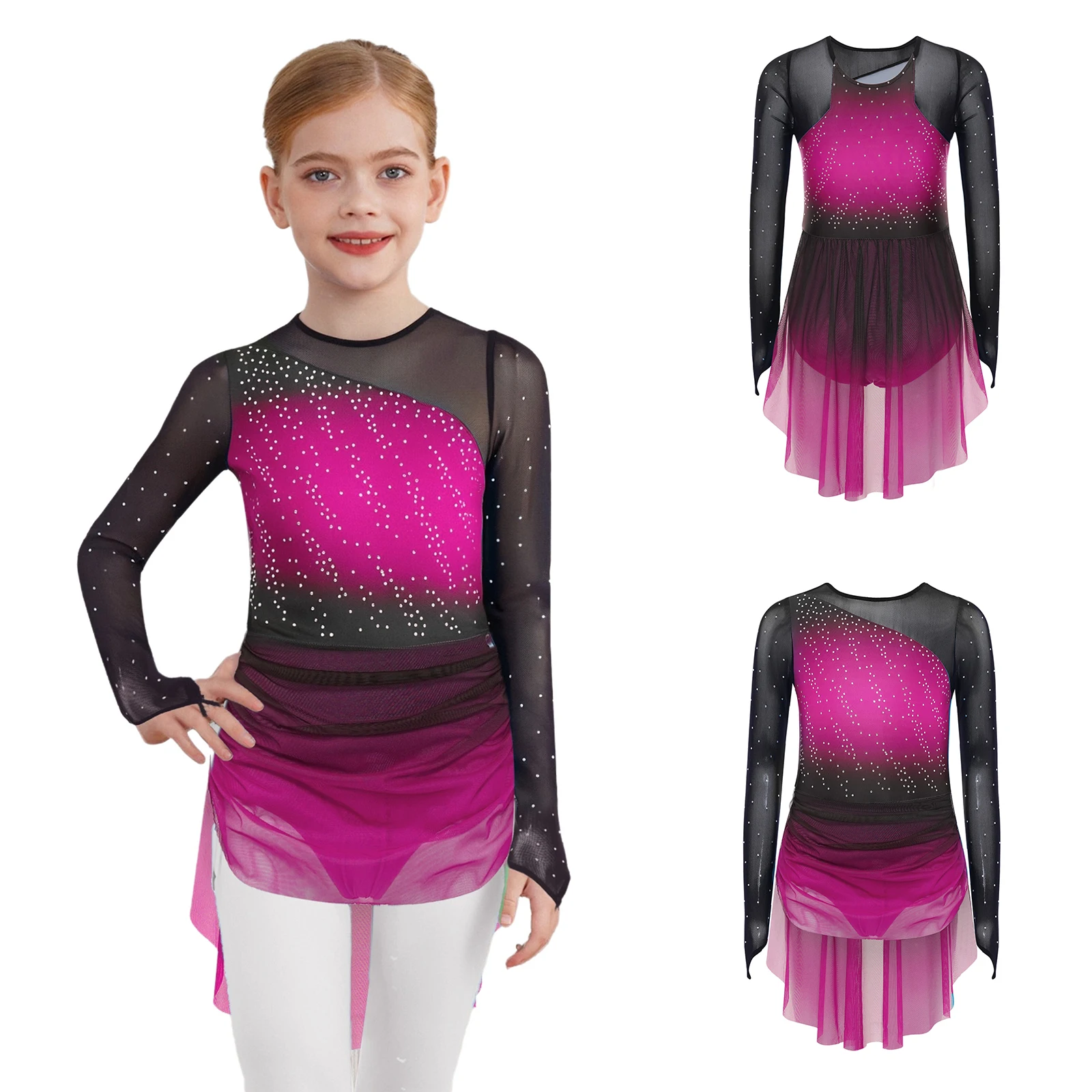 Robe de patinage artistique pour filles, couleur dégradée, Costume de danse moderne lyrique, manches longues, justaucorps de gymnastique de Ballet, vêtements de danse