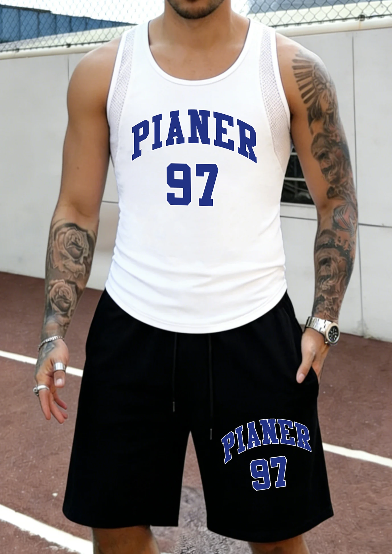 

Pianer Blue Letter 97 Prints Men Summer Mesh Sport Vest & Shorts Suit Breathable Fashion Sleeveless Tee Cool Beach Pocket Pants