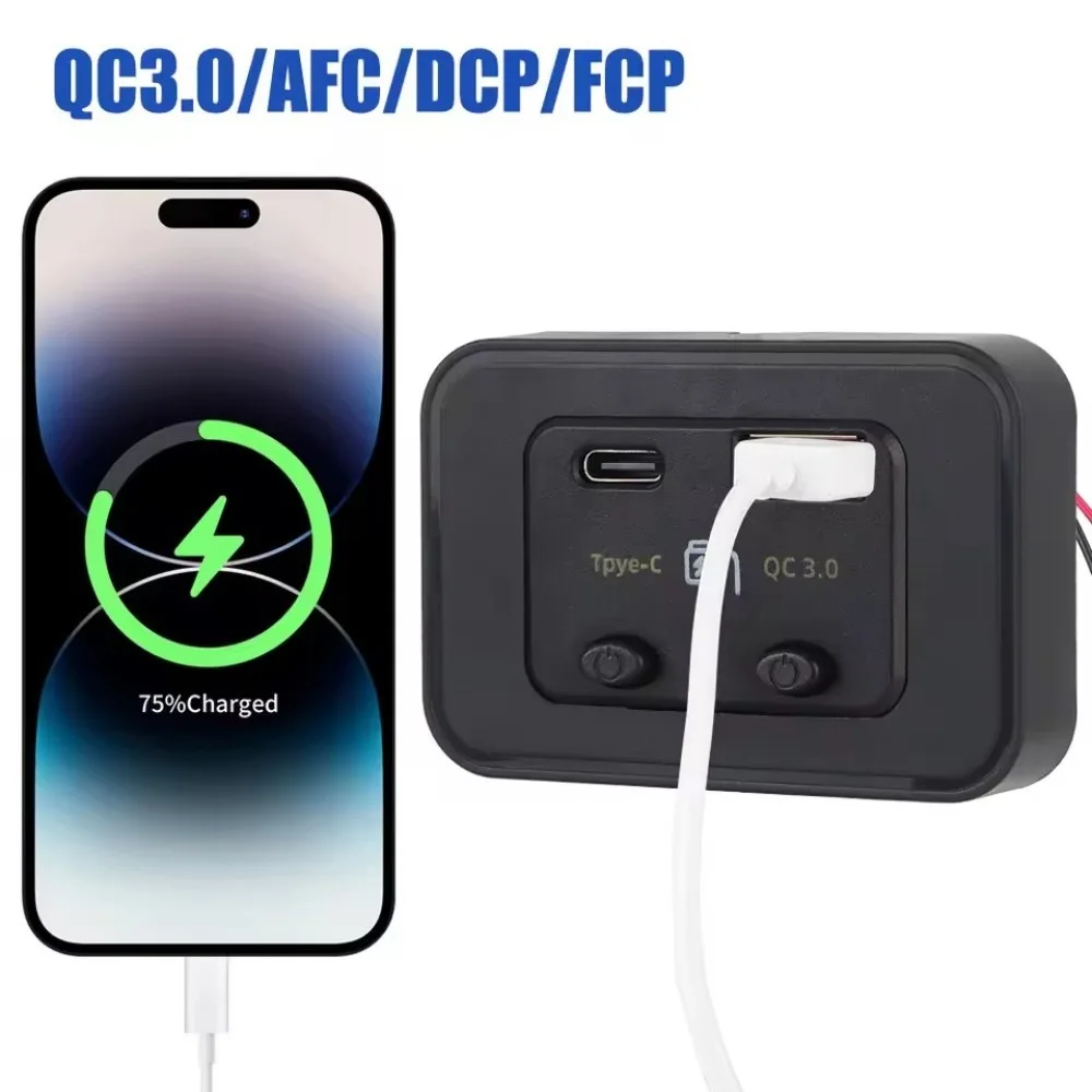 48W Car Charger Socket PD 30W Type-C QC3.0 18W USB-A Dual Switch 12-24V Fast Charging Outlet For RV Motorcycle Truck Boat Marine