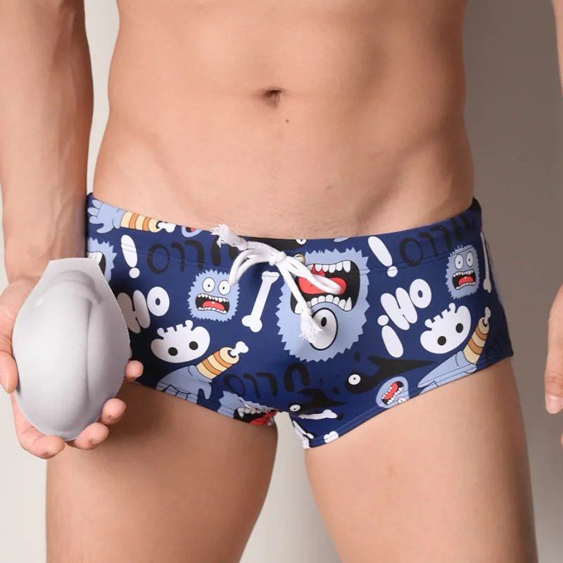 Men\'s Cartoon Boxer Short for Young Swim Trunks Printed Cup Stand Up Convex Anti Glare Strap Beach Underwear Youth Swimming Pant