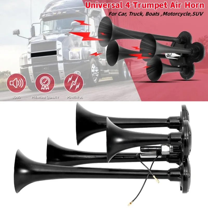 12V 24V 150dB Universal 4-Trumpet Air Horn Loud Sound Horn Black Claxon Horns Fit for Car, Truck, Boat , Motorcycle