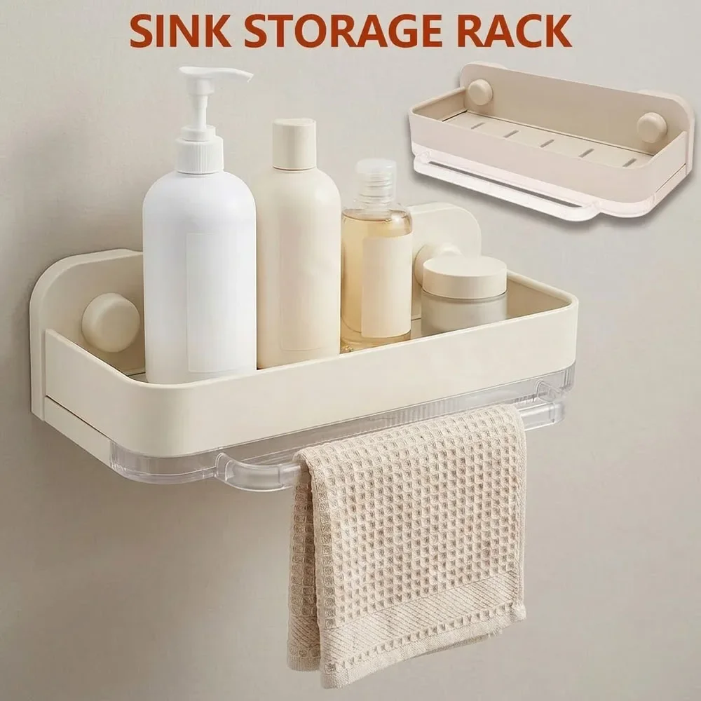 Suction Sink Storage Rack Metal Wall Mount Bathroom Organizer with Towel Bar and Drip Tray Sponge Rag Drain Rack for Kitchen