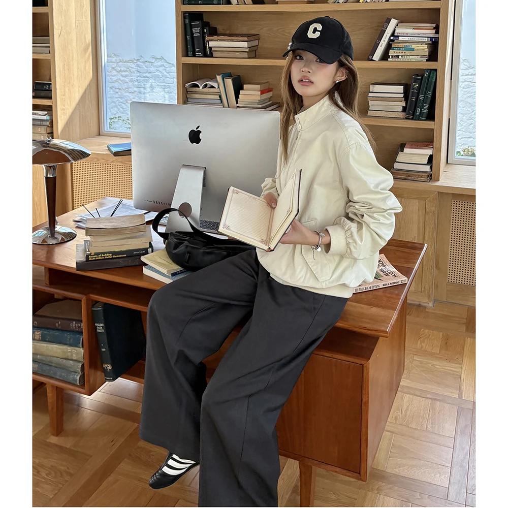 Ciemnoszare spodnie garniturowe z szerokimi nogawkami damskie jesienno-zimowe nowy styl drapowane niskie w pasie proste spodnie codzienne uniwersalne długie spodnie 2025