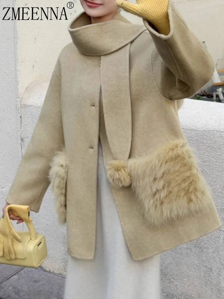 

ZMEENNA Womens Wool Blend Coat Detachable Scarf Collar Faux Fur Patch Pockets Single Breasted Warm Winter Outerwear ZM4429
