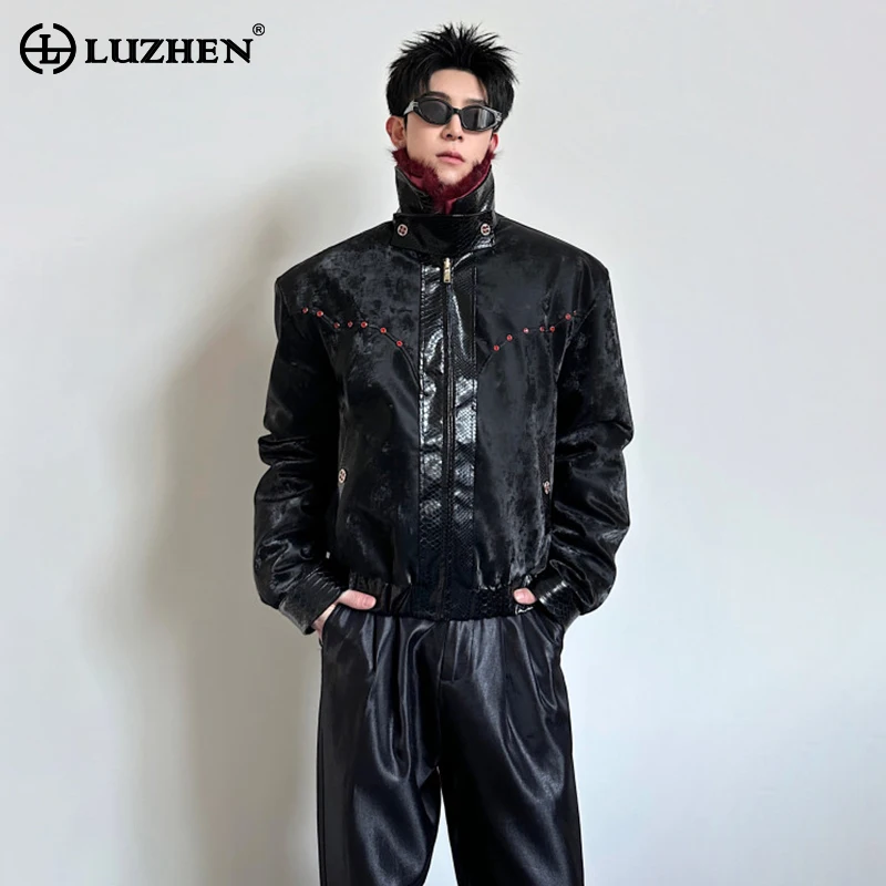 

LUZHEN 2025 Winter Fashion High Quality Faux Fur Liner Stand Neck Leather Patchwork Design Parka Jacket Men's Casual Coat JY5795