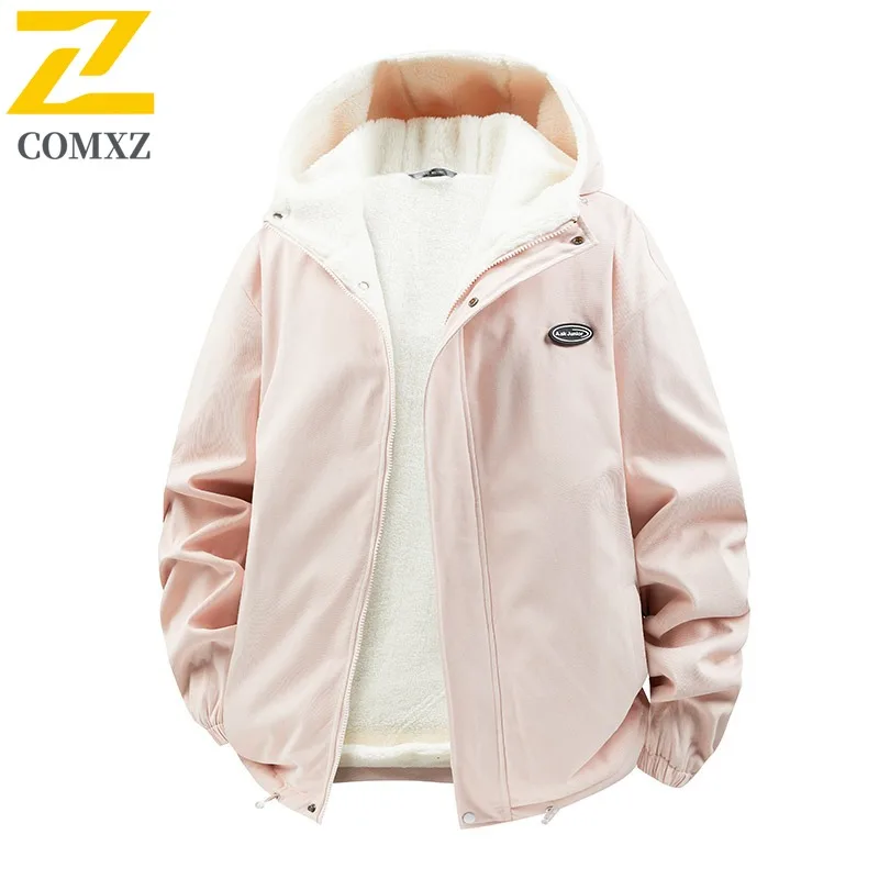 COMXZ 2025 Mens Winter Sherpa Fleece Lined Hooded Jacket American Style Fashion Casual Workwear Outdoor Sports Windproof Coat