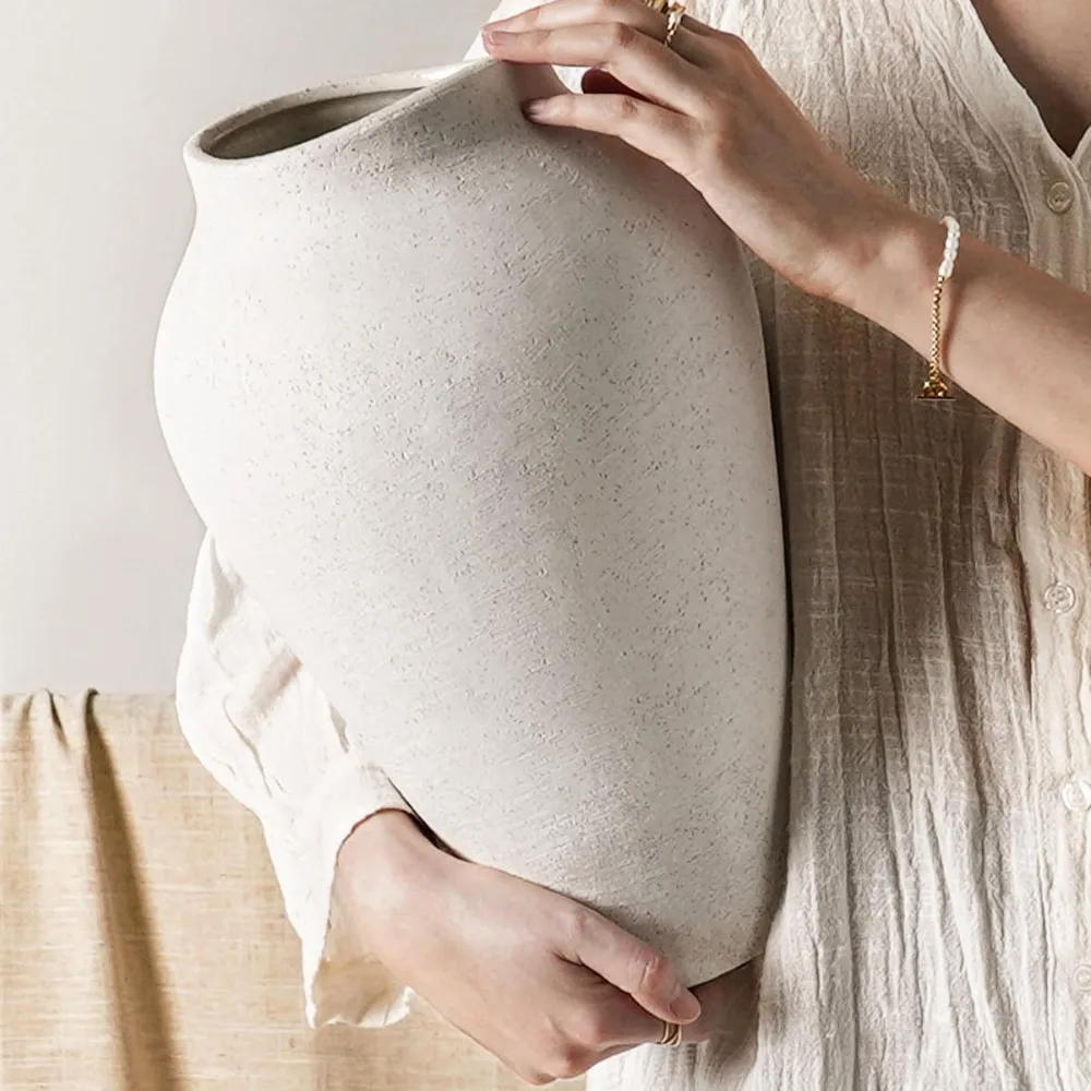 مزهرية سيراميك - مزهرية أرضية كبيرة بطول 13.6 بوصة للقطع المركزية، ديكور منزلي ريفي بسيط لغرفة المعيشة، E