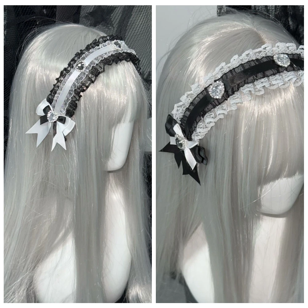 

Original Handmade Heart-shaped Fake Gemstone Princess Landmine Series Bow Lace Headband Maid Cute Hair Accessories