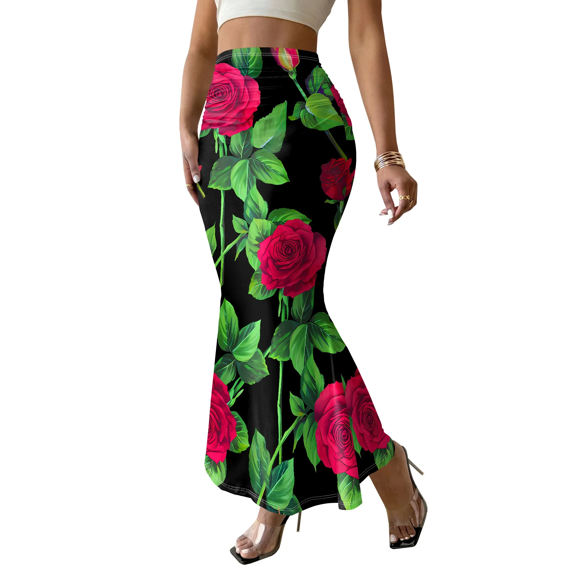 High Waist Rose Print Mermaid Skirt, Floral Bodycon Maxi Skirt, Black Red Green Summer Beach Party Dress Bottoms for Women S-3XL