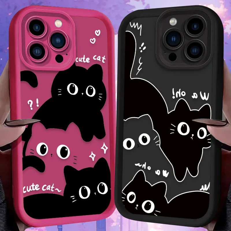 Cartoon Lovely Big Eye Cat Case For iPhone 16 15 14 13 12 11 Pro Max X XS X S Max XR SE 2020 7 8 Plus Silicone Printing Cover