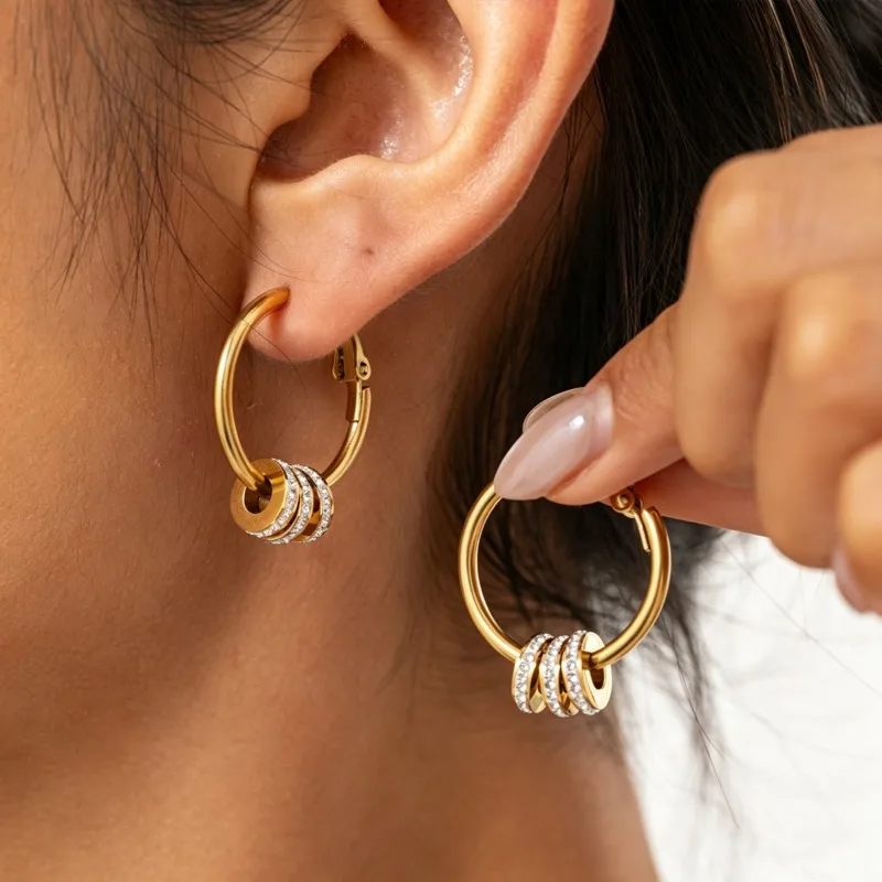New Stainless Steel Gold Color Zircon Interlayer Triple Ring Hoop Earrings for Women Removable Huggie Earrings for Women Jewelry