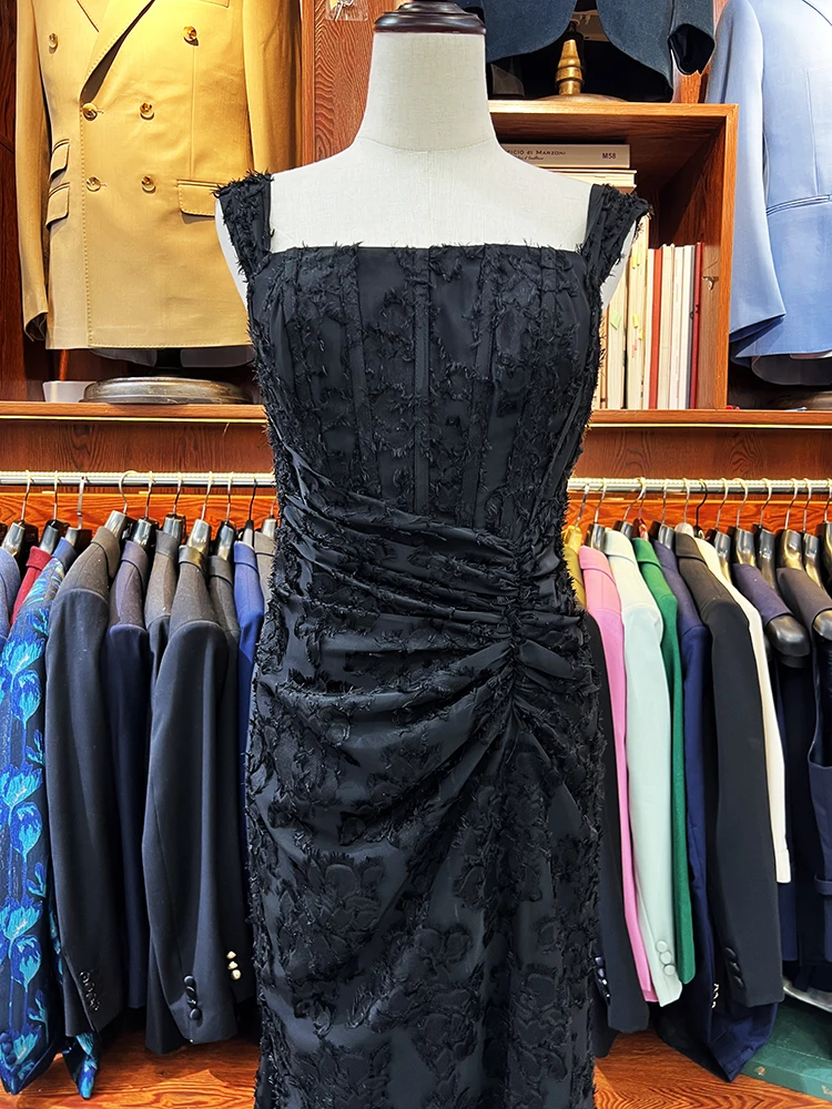 Customized Evening Gown for Women Square Neckline Pleated Waist Ankle Length Formal Dress