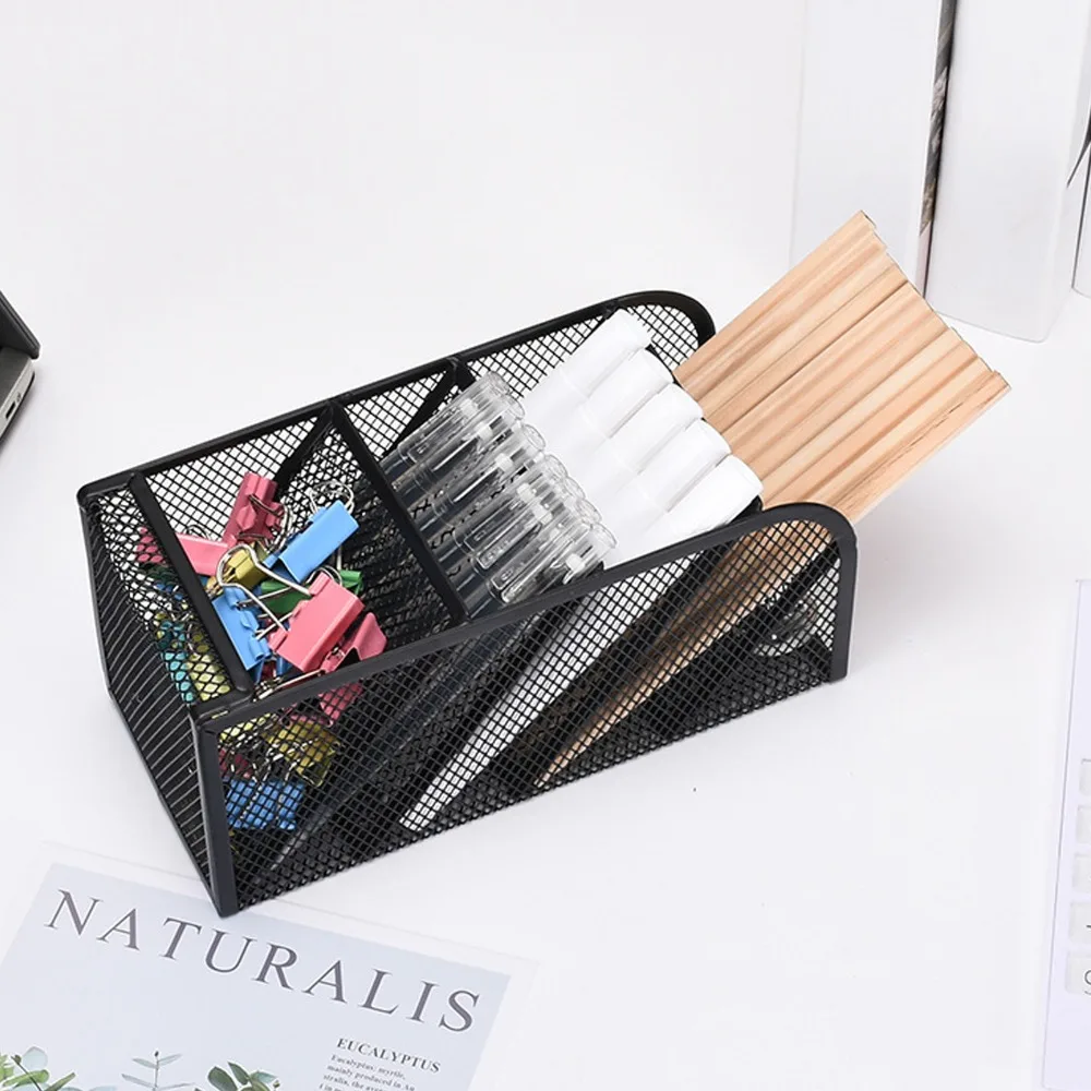 Pencil Holders Metal Desktop Pen Holder Slant Insert Mesh Multilayer Pen Rack Black Compartments Stationary Container Home Use