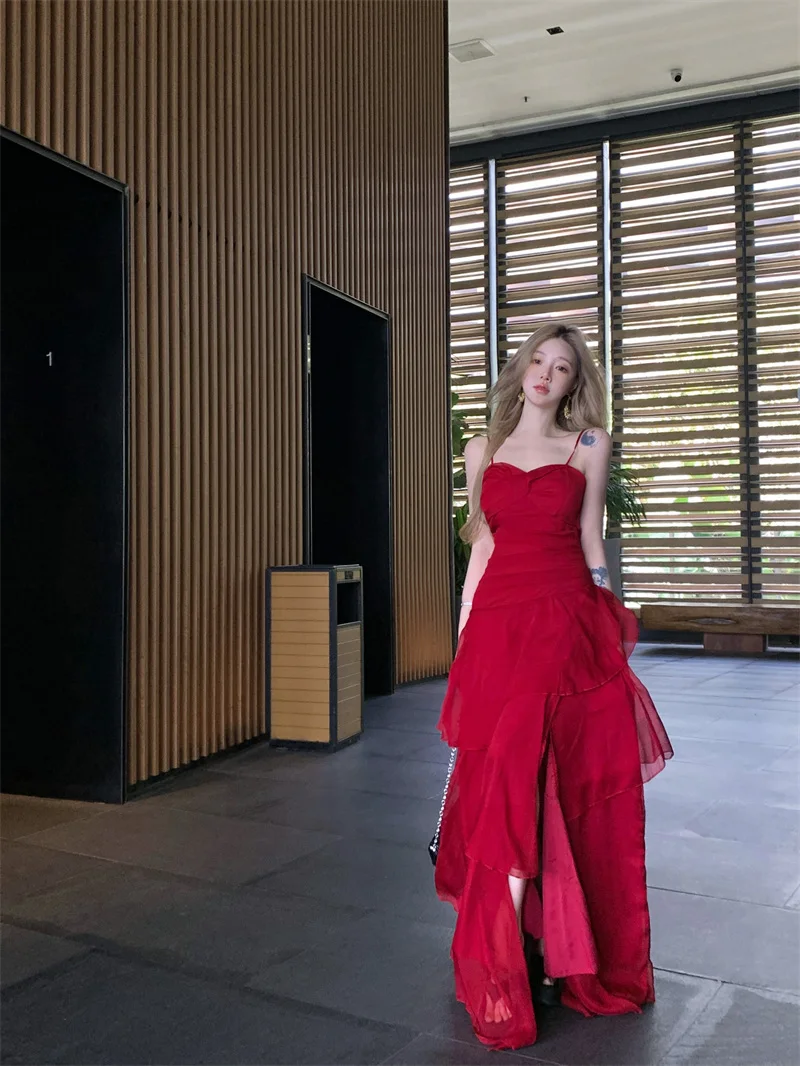 

Coigarsam Women Beach Dress Office Lady Vintage Flounced Solid Spaghetti Strap High Waist Red Dresses