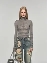 American Style Heart-shaped Rhinestone Casual Long Sleeved High Neck T-shirt Top Autumn and Winter New Style Slimming Base Shirt