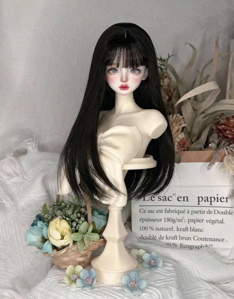 bjd Doll wig fits into 1/3 1/4 1/6 size black long straight hair high temperature silk wig doll accessories with bangs