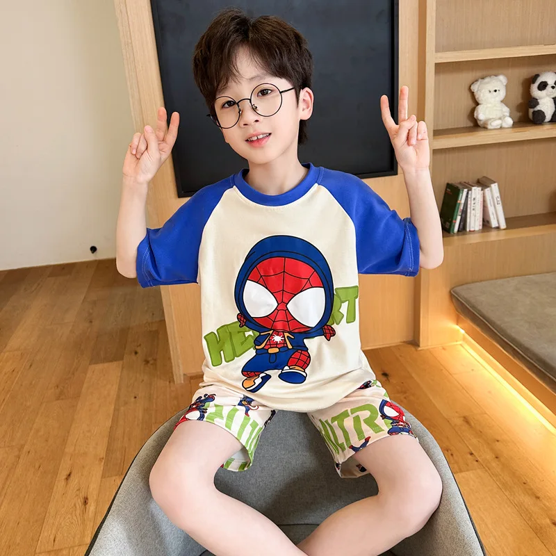 Thin Set Christmas Pajamas Summer New Children's Pajamas Loungewear Boys' Loose Short Sleeved Shorts Spiderman Boy Sleepwear