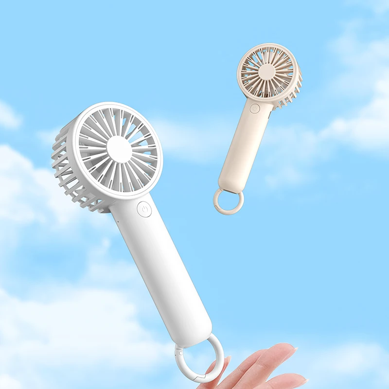 Portable handheld mini fan with 1800mAh rechargeable battery and brushless motor, can be hung or stood, suitable for outdoor tra