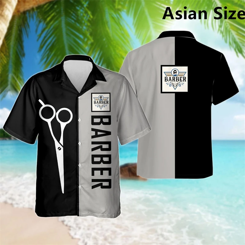 Simple Fashion Barber Graphic Shirts Summer Trend Short Sleeve 3D Print Lapel Workwear Shirt Casual Breathable Loose Unisex Tops