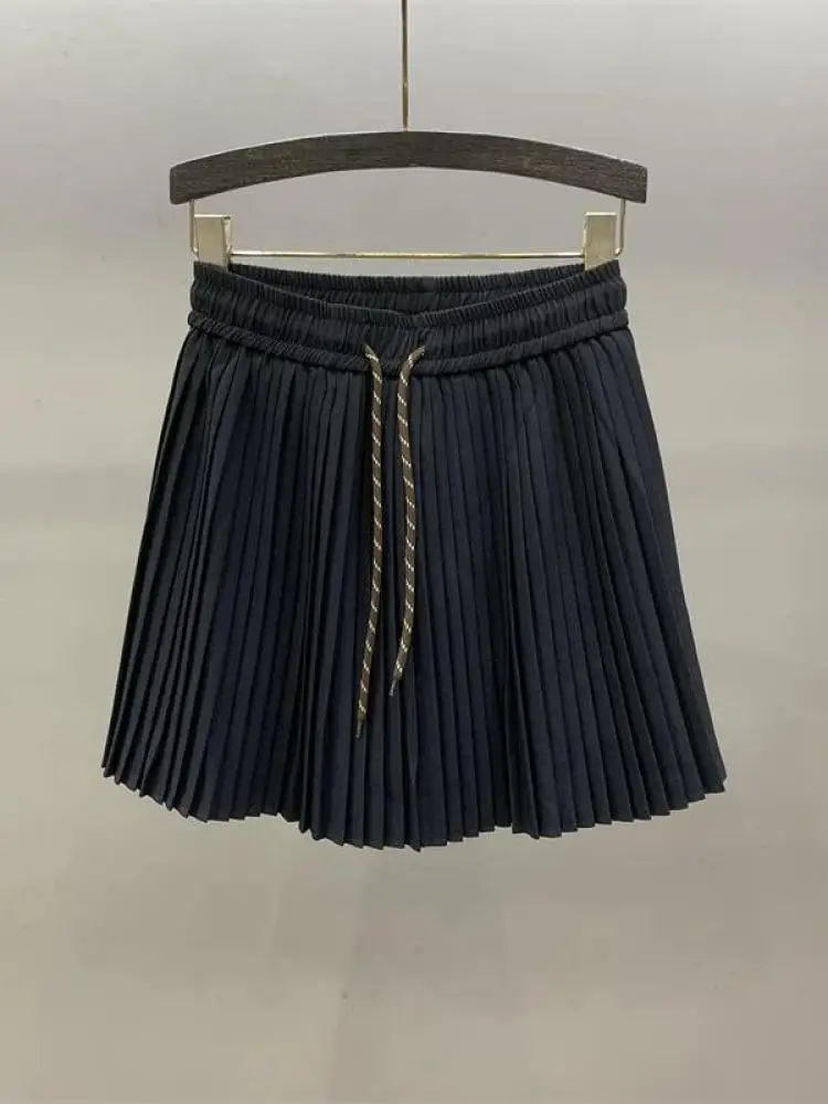 

Korean Retro Summer Black Blue Vacation Drawstring Lace-up Short Skirts Women's Grey High Waist College Style Pleated Mini Skirt